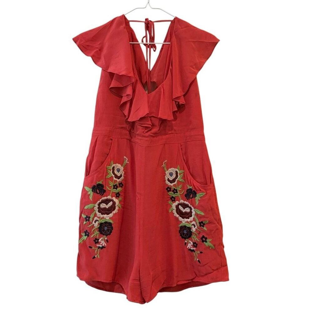 Chelsea & Violet Embroidered Floral Tie Tassel Ruffle Romper Coral XS